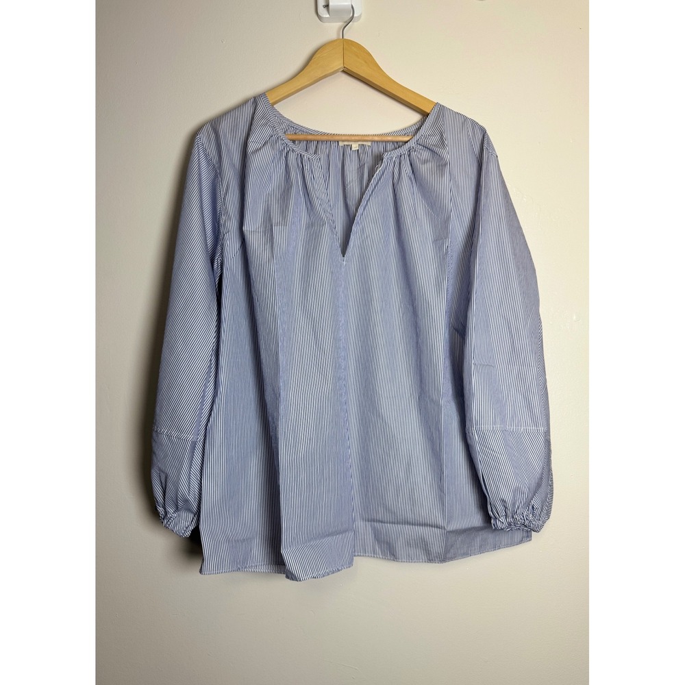 Ann Mashburn Womens Blue White Striped Cotton V-Neck Lantern Sleeve Blouse M